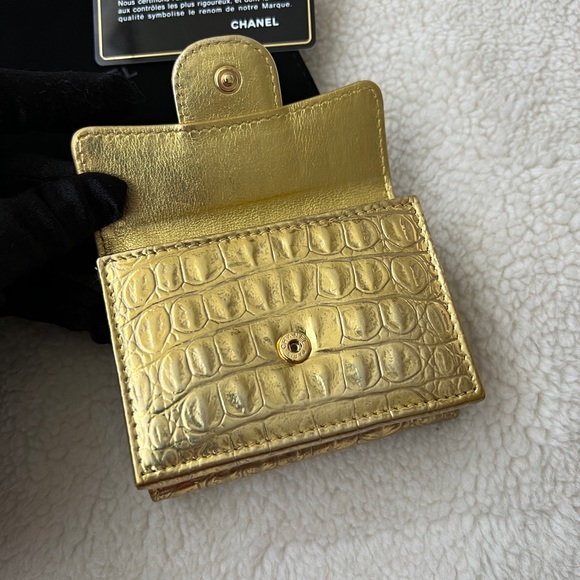 Auth Chanel Metallic Gold Croc Embossed Trifold Compact Wallet - Picture 5 of 15